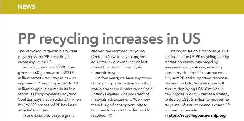 Recyklace PP se v USA zvyšuje